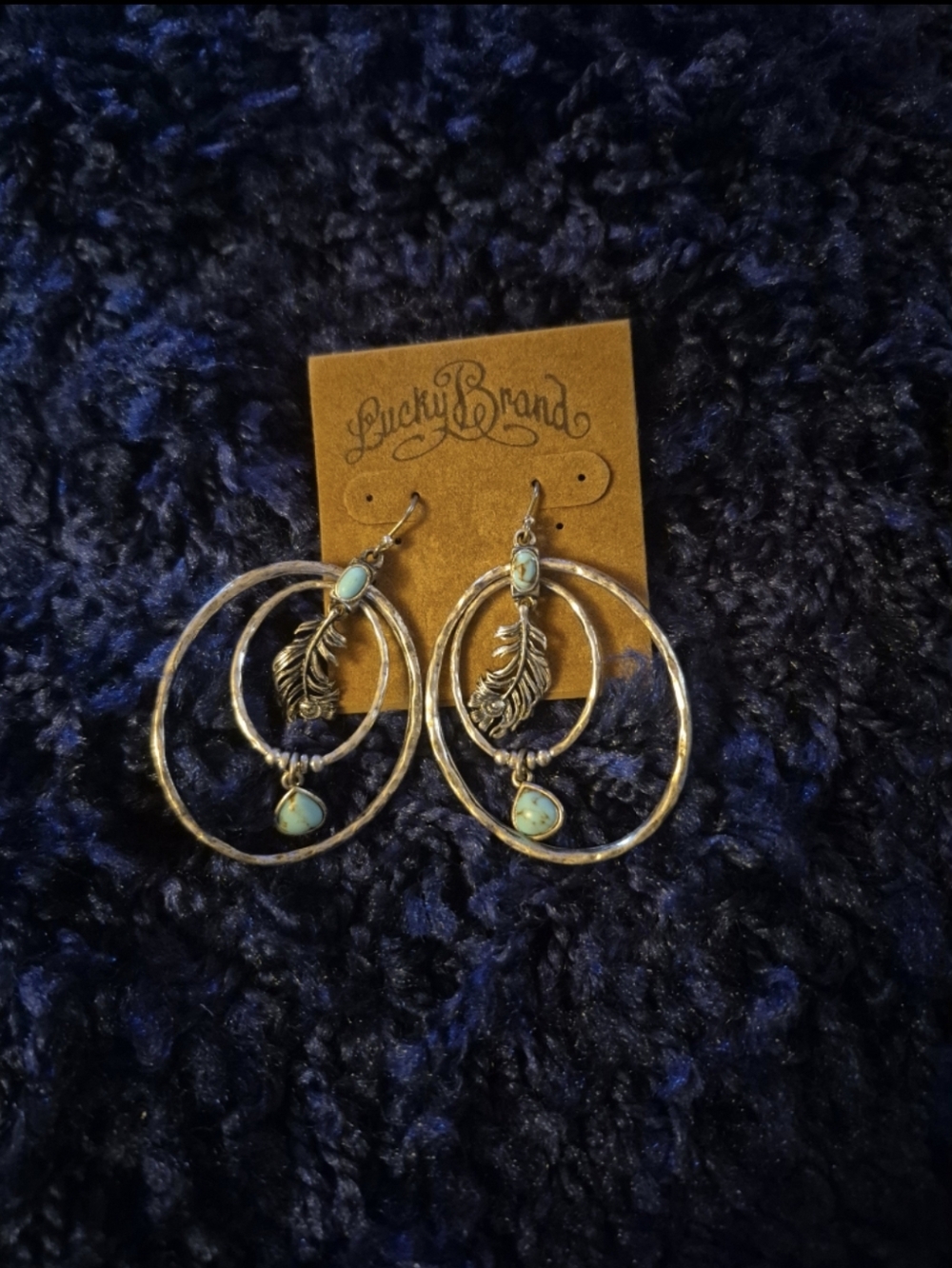 Lucky Brand Hoop Earrings with Turquoise Accents and Feather Charms
